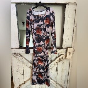 Floral & Rust Long-sleeve Maxi Dress, Ruched & Slit detailing - NWOT XL